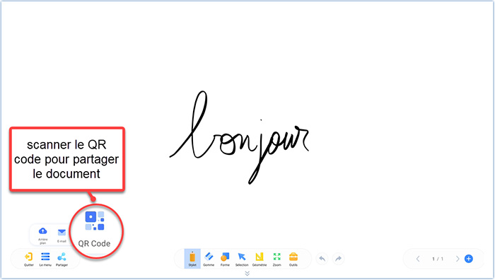 Le QR Code de partage de contenu est accessible depuis le menu du tableau blanc