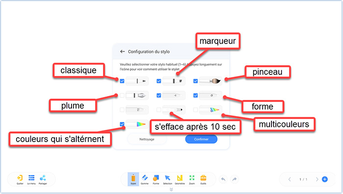 Les différents types de stylo d’écriture du tableau blanc de l’écran interactif Easypitch SPARK